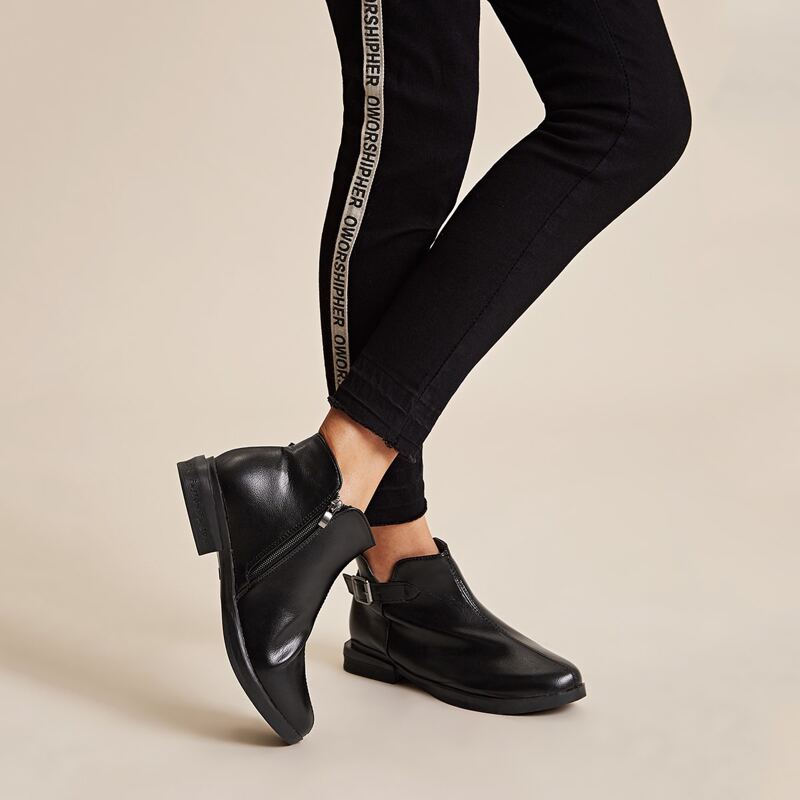 

Buckle Detail Side Zipper Ankle Boots, Black