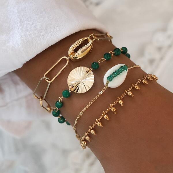 

4pcs Shell & Leaf Decor Bracelet, Multicolor