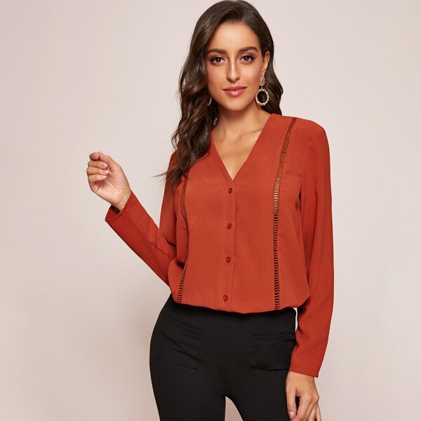 

Button Front Lace Insert Curved Hem Blouse, Orange