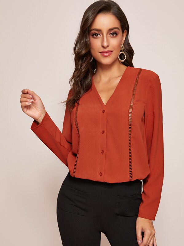 

Button Front Lace Insert Curved Hem Blouse, Orange, Mary P.