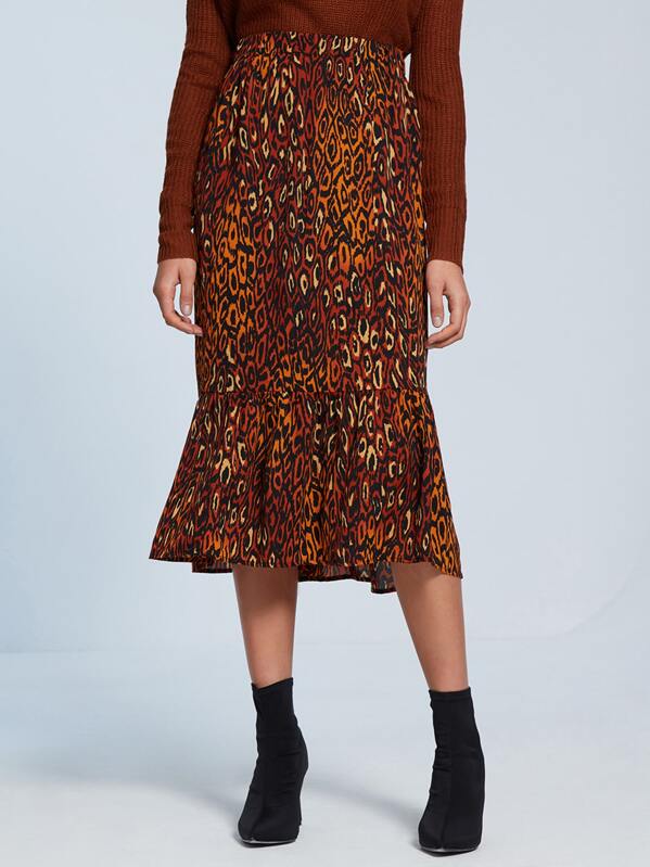 

Leopard Print Ruffle Hem Skirt Without Belt, Multicolor, Ella Cuba
