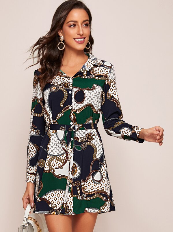 

Chain & Scarf Print Belted Shirt Dress, Multicolor, Mary P.