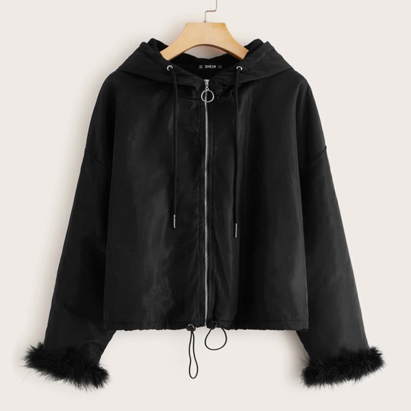 

Faux Fur Cuff Zip Up Drawstring Hooded Jacket, Black