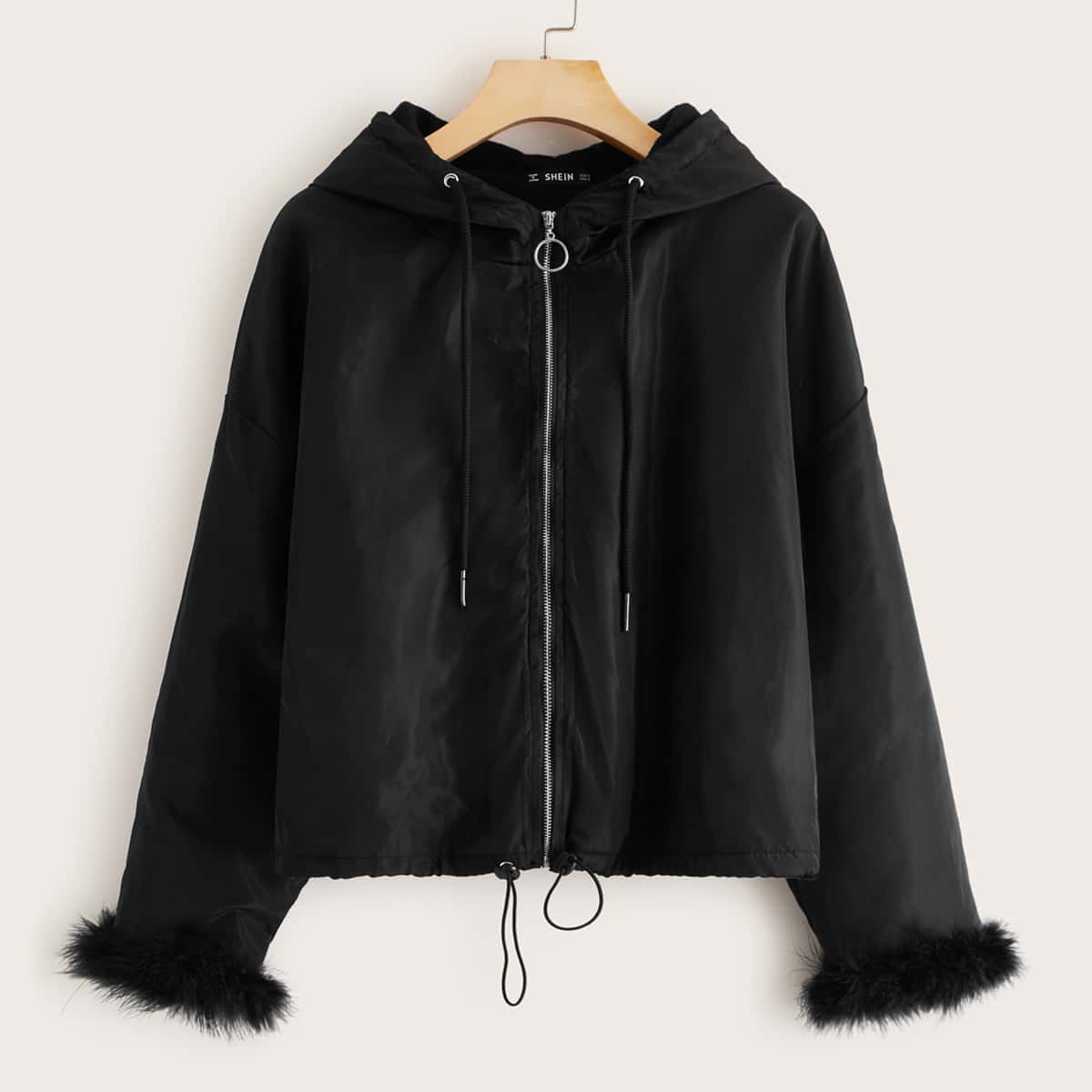 

Faux Fur Cuff Zip Up Drawstring Hooded Jacket, Black