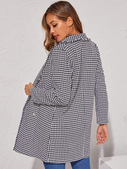 Raw Trim Double Breasted Houndstooth Coat