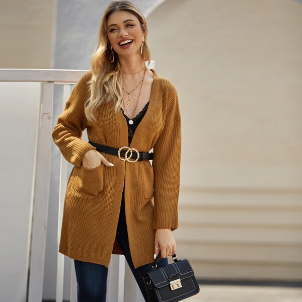 

Solid Double Pocket Drop Shoulder Cardigan Without Belt, Camel