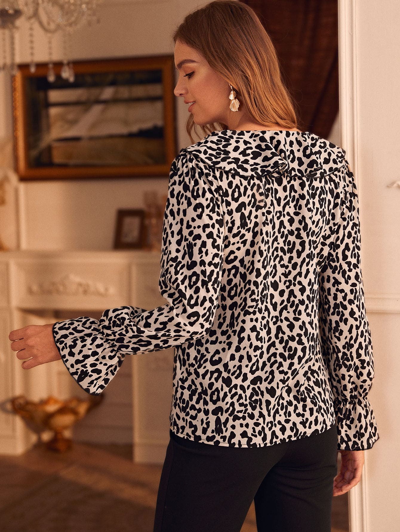 V Neck Ruffle Trim Leopard Print Blouse 