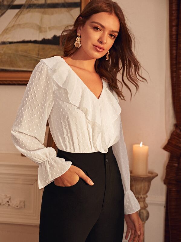 

V Neck Ruffle Trim Swiss Dot Blouse, White, Luiza