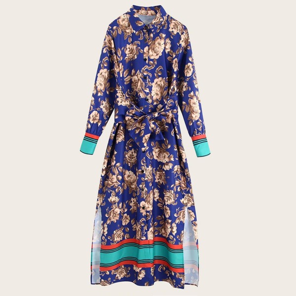 

Striped And Floral Graphic Belted Slit Shirt Dress, Multicolor