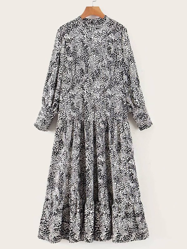 

Leopard Print Ruffle Hem Dress, Black and white