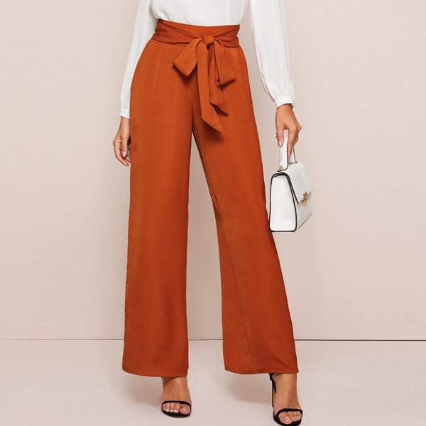 

High Waist Belted Wide Leg Pants, Orange bright