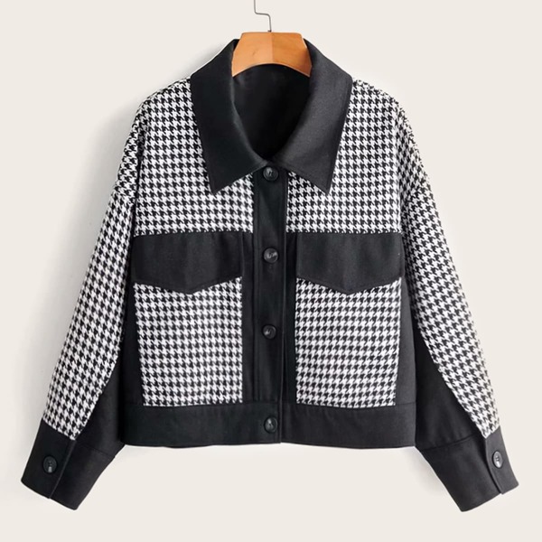 

Button Front Houndstooth Print Contrast Trim Jacket, Black and white
