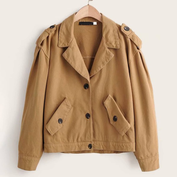 

Button Front Pocket Side Drop Shoulder Jacket, Khaki