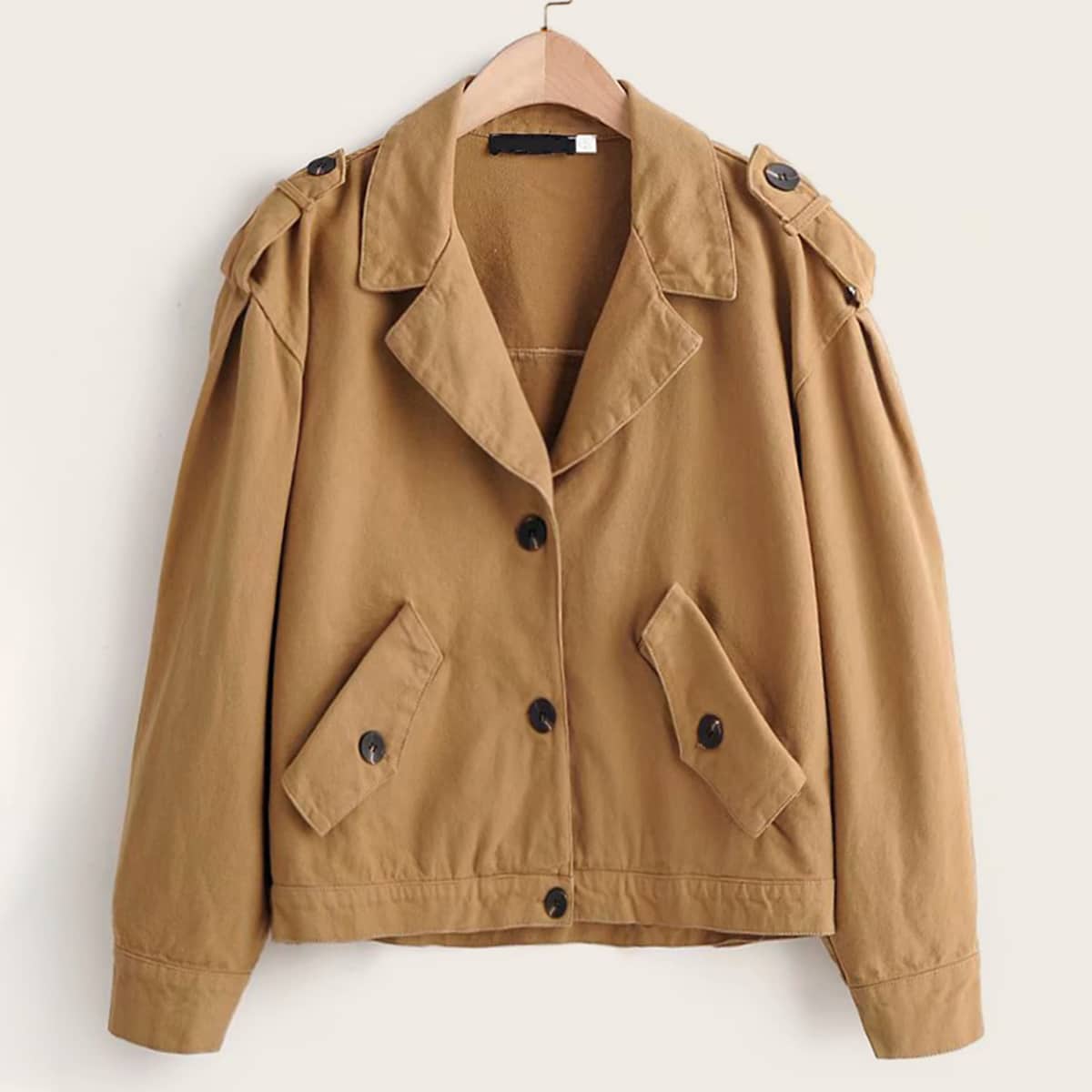 

Button Front Pocket Side Drop Shoulder Jacket, Khaki