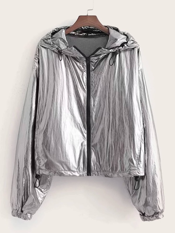 

Reflective Drawstring Zipper Hooded Jacket, Grey
