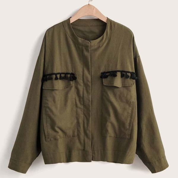 

Pocket Front Pom Pom Detail Jacket, Army green