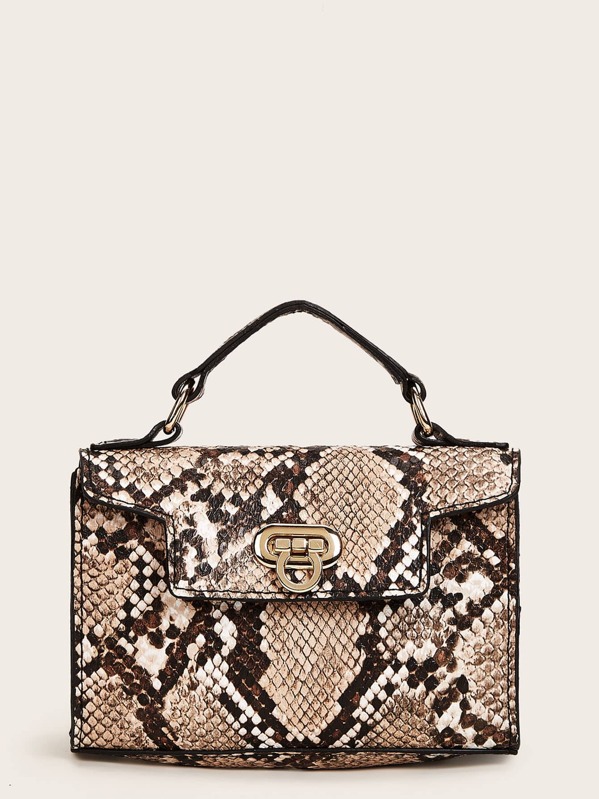 

Mini Snakeskin Satchel Bag, Brown