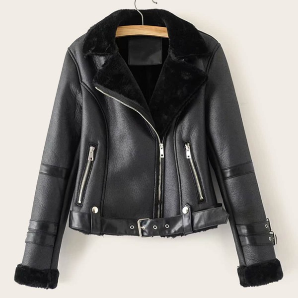 

PU Leather Faux Fur Lined Belted Jacket, Black