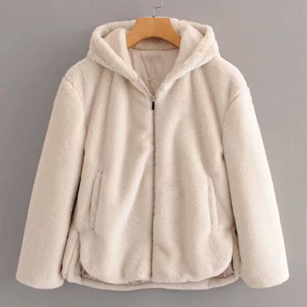 

Pocket Side Slit Hem Hooded Teddy Jacket, Beige