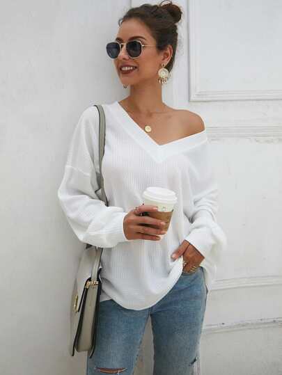 Solid V-Neck Drop Shoulder Sweater