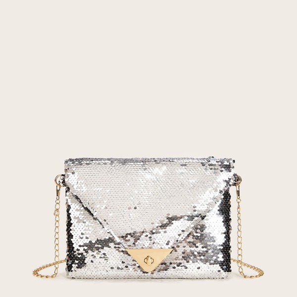 

Sequins Decor Envelope Chain Bag, Silver