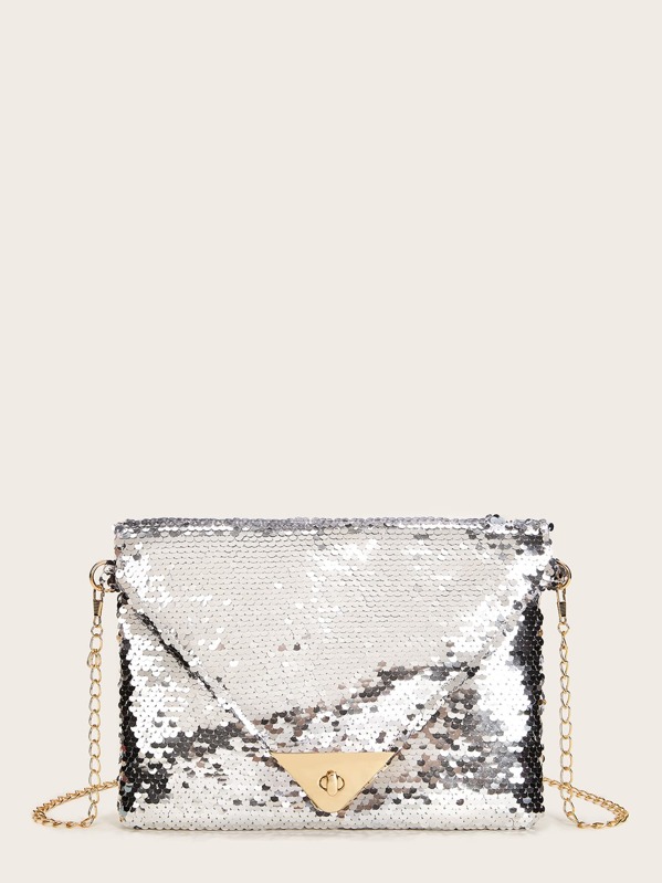 

Sequins Decor Envelope Chain Bag, Silver