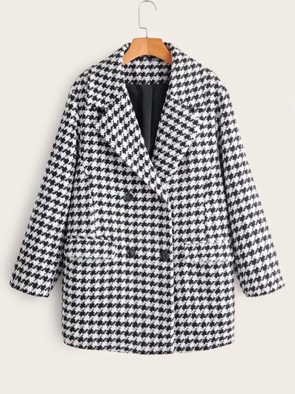 

Double Breasted Pocket Front Houndstooth Print Coat, Black and white