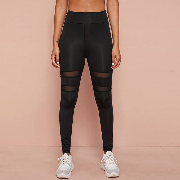 

Contrast Mesh Wide Band Waist Sports Leggings, Black