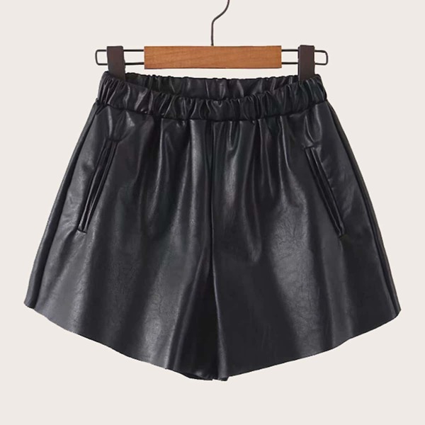

Elastic Waist Pocket Side PU Shorts, Black