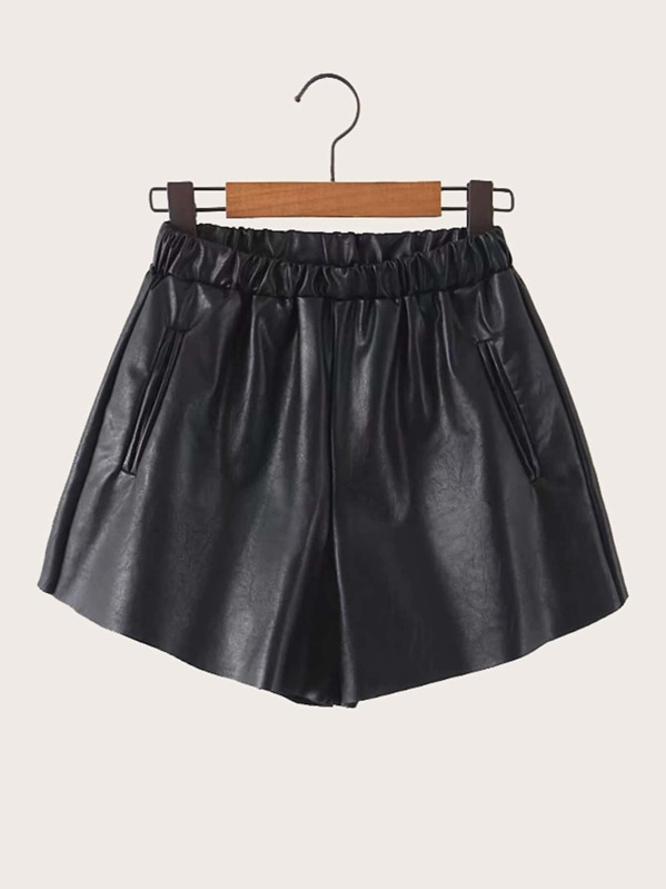 

Elastic Waist Pocket Side PU Shorts, Black