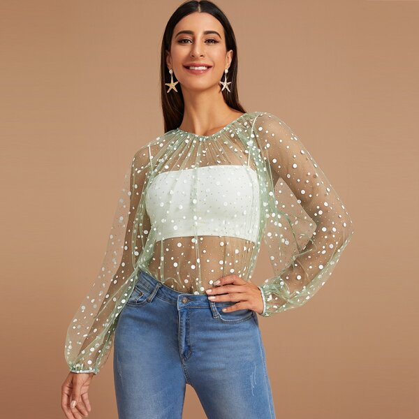 

Polka Dot Print Sheer Mesh Blouse Without Cami, Green pastel