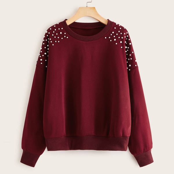 

Pearl Beaded Drop Shoulder Pullover, Burgundy