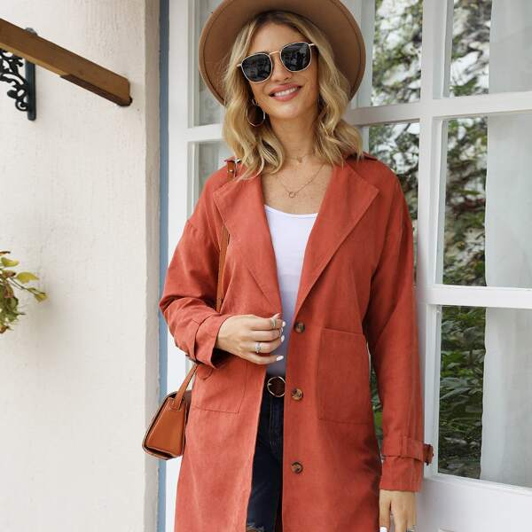 

Solid Lapel Collar Button Through Trench Coat, Orange