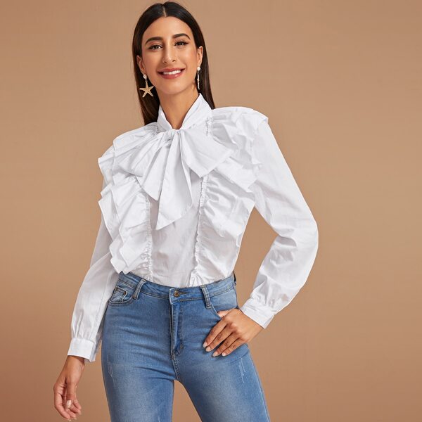 

Ruffle Trim Tie Neck Blouse, White
