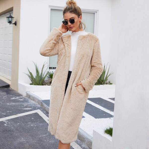 

Dual Pocket Longline Faux Fur Coat, Beige