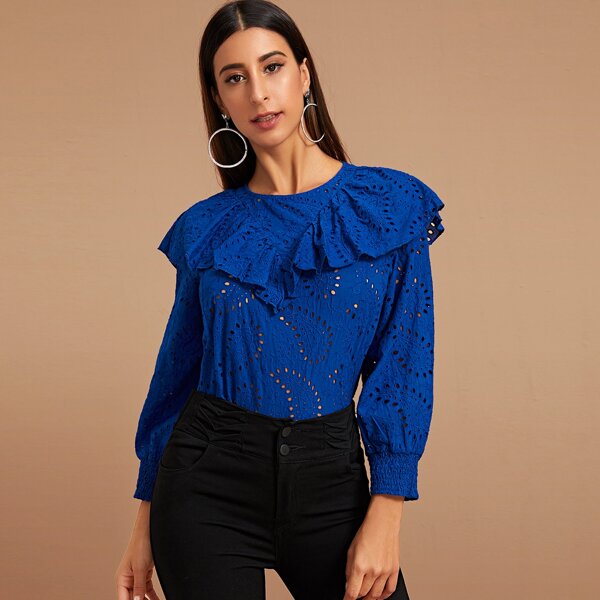 

Ruffle Trim Eyelet Embroidery Shirred Cuff Blouse, Blue
