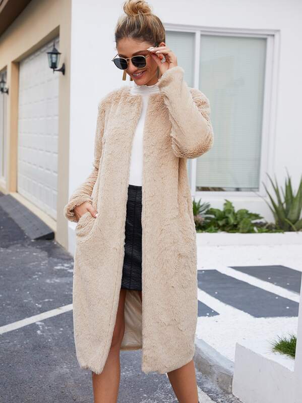 

Dual Pocket Longline Faux Fur Coat, Beige