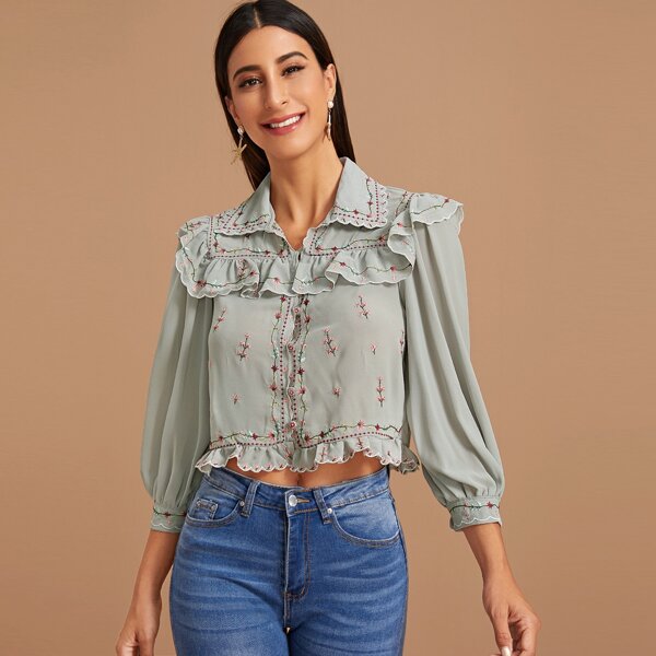 

Floral Embroidery Ruffle Trim Crop Blouse, Green pastel