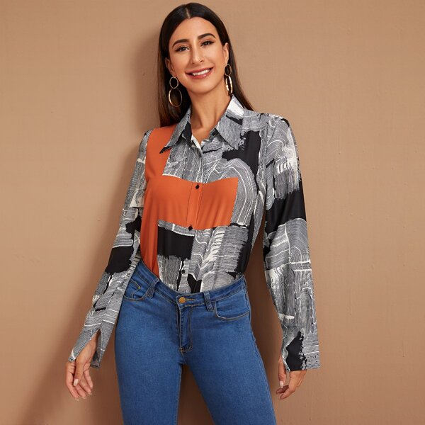 

Colorblock Button Up Curve Hem Blouse, Multicolor