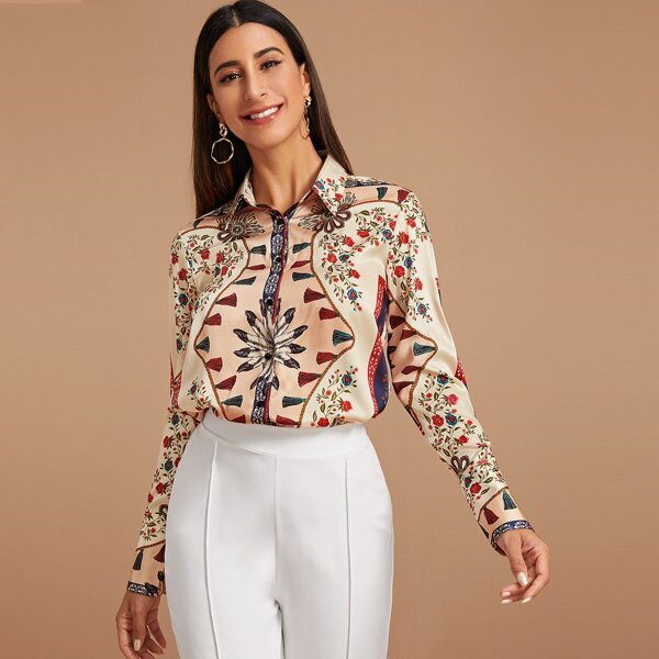 

Scarf Graphic Button Up Blouse, Multicolor