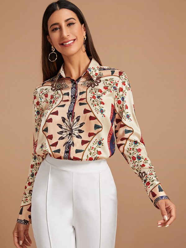 

Scarf Graphic Button Up Blouse, Multicolor, Gabe