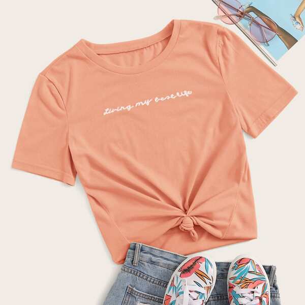 

Slogan Embroidery Short Sleeve Top, Orange pastel