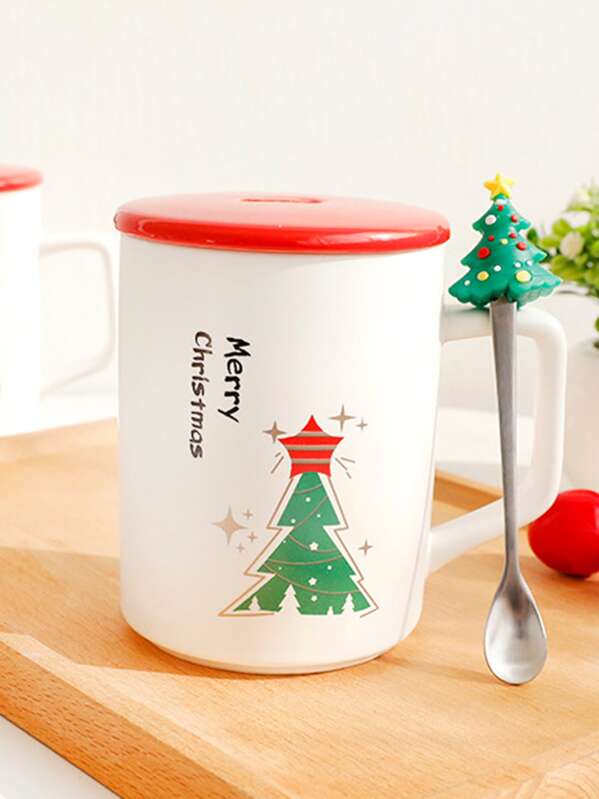 

1pc Christmas Print Ceramic Mug & Lid & Spoon, Multicolor