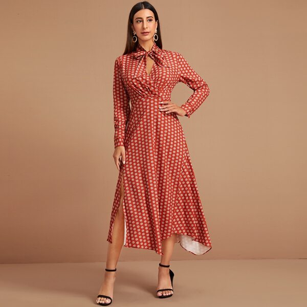 

Polka Dot Tie Neck Asymmetrical Hem Dress, Red