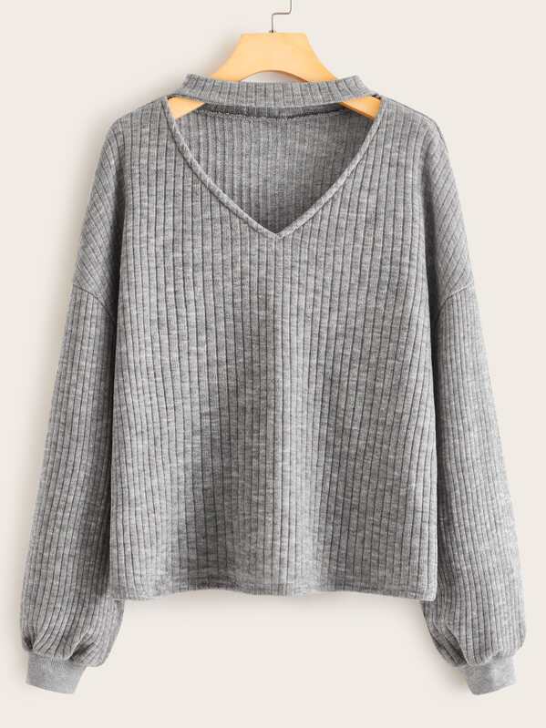 

Solid Cut Out Choker Neck Jumper, Grey