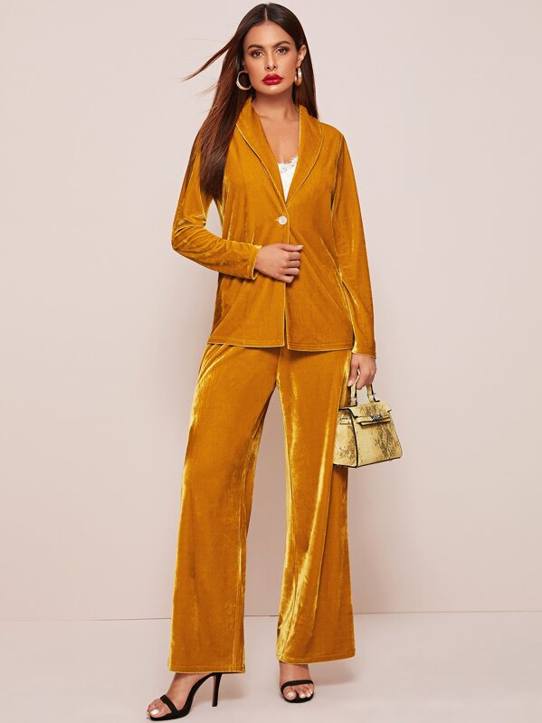 

Shawl Collar Single Button Velvet Top & Wide Leg Pants Set, Yellow, Andy