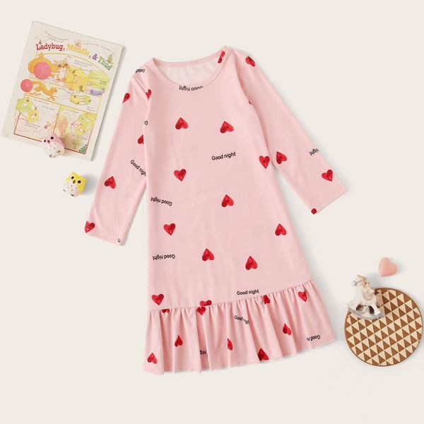 

Toddler Girls Heart Print Ruffle Hem Night Dress, Pink