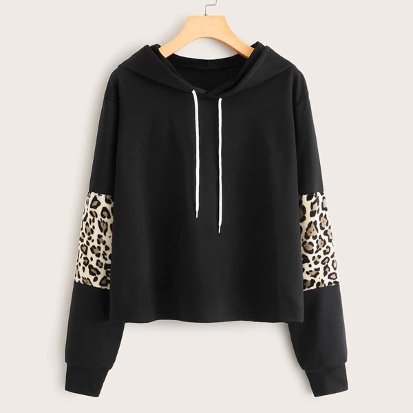 

Contrast Leopard Drawstring Hooded Sweatshirt, Black