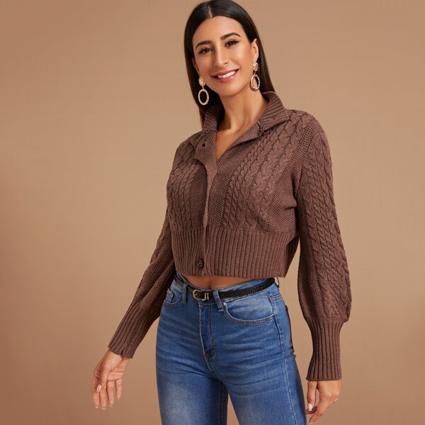 

Cable Knit Button Front Crop Cardigan, Brown