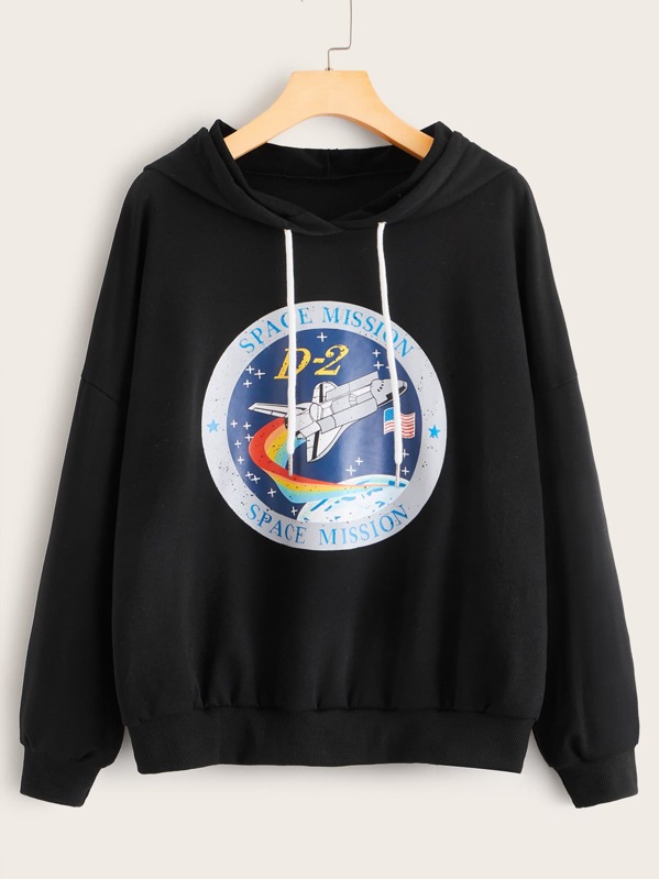 Rocket And Letter Graphic Drawstring Hoodie, Black